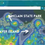 Light pollution map of Michigan, pointing to Beaver Island and McLain State Park